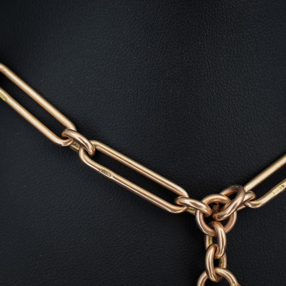 Antique '1899' 9ct Gold Trombone Link Albert Chain Necklace with Dog Clip and T-bar | 13.75