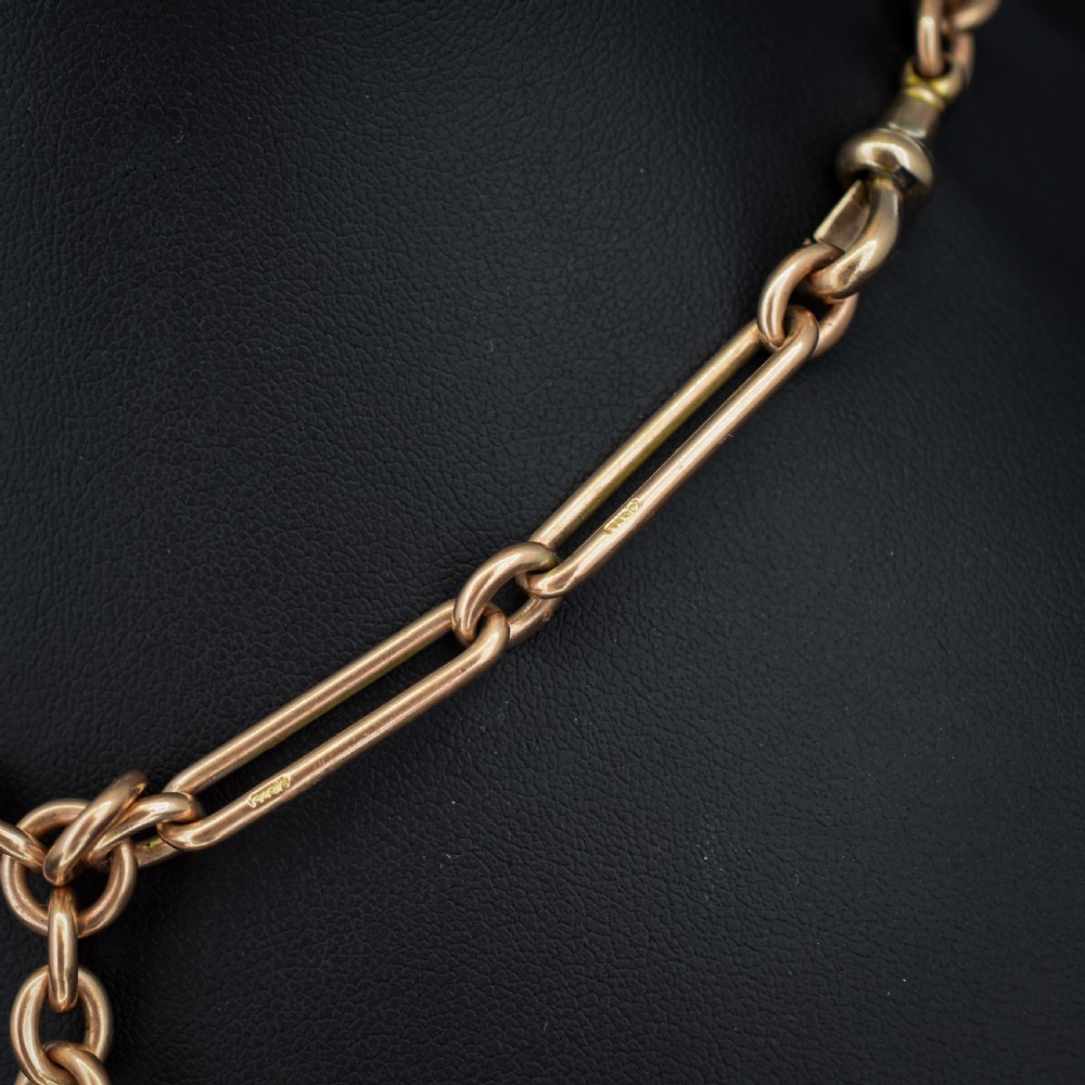 Antique '1899' 9ct Gold Trombone Link Albert Chain Necklace with Dog Clip and T-bar | 13.75