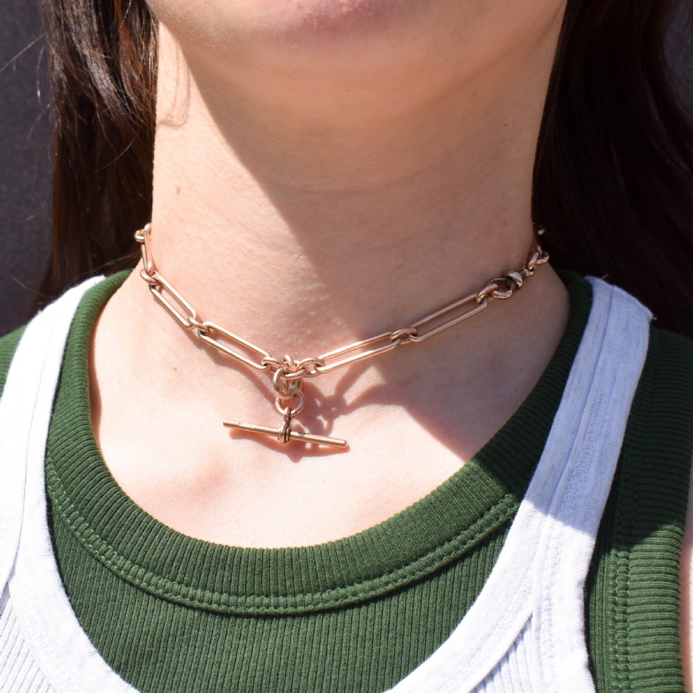 Antique '1899' 9ct Gold Trombone Link Albert Chain Necklace with Dog Clip and T-bar | 13.75