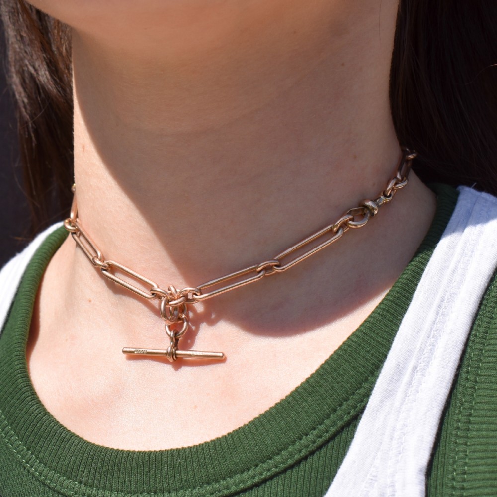 Antique '1899' 9ct Gold Trombone Link Albert Chain Necklace with Dog Clip and T-bar | 13.75