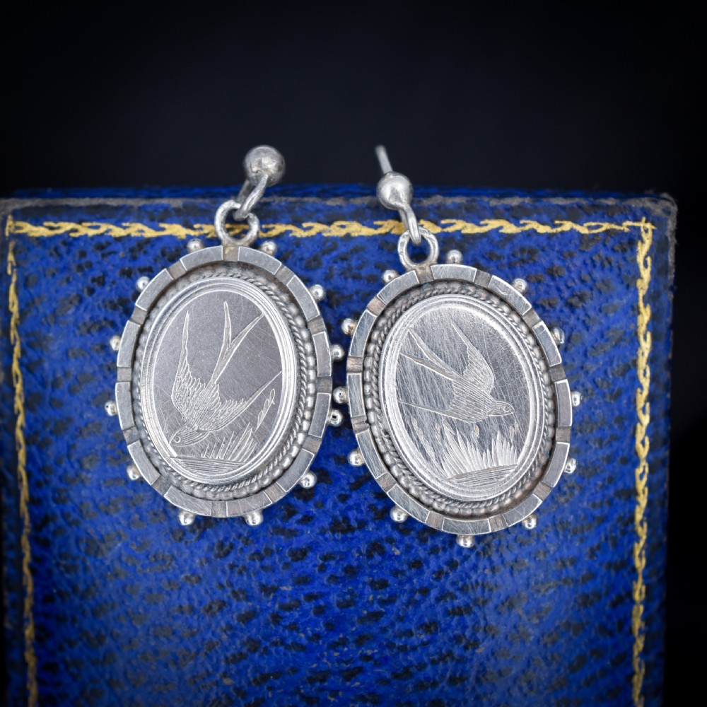 Antique Victorian Swallow Bird Oval Silver Aesthetic Drop Dangle Earrings