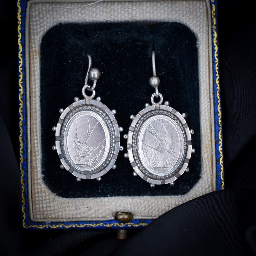 Antique Victorian Swallow Bird Oval Silver Aesthetic Drop Dangle Earrings View II