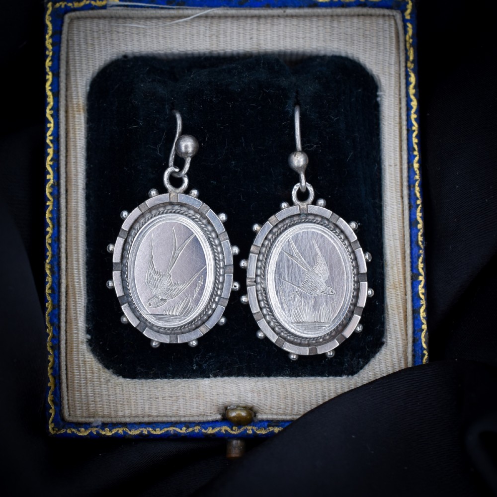 Antique Victorian Swallow Bird Oval Silver Aesthetic Drop Dangle Earrings View IV
