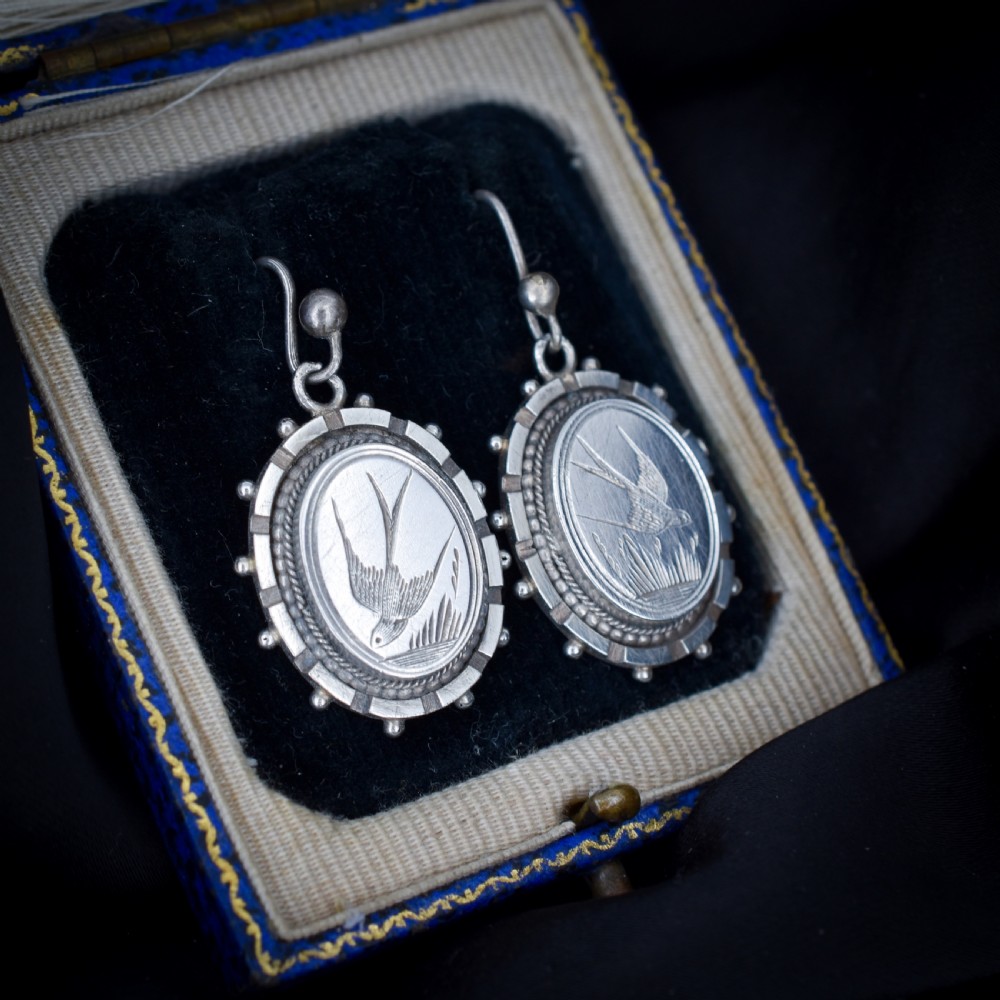 Antique Victorian Swallow Bird Oval Silver Aesthetic Drop Dangle Earrings View V