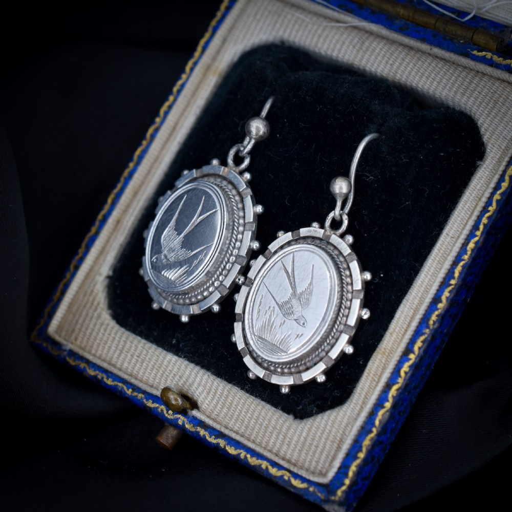 Antique Victorian Swallow Bird Oval Silver Aesthetic Drop Dangle Earrings View VII