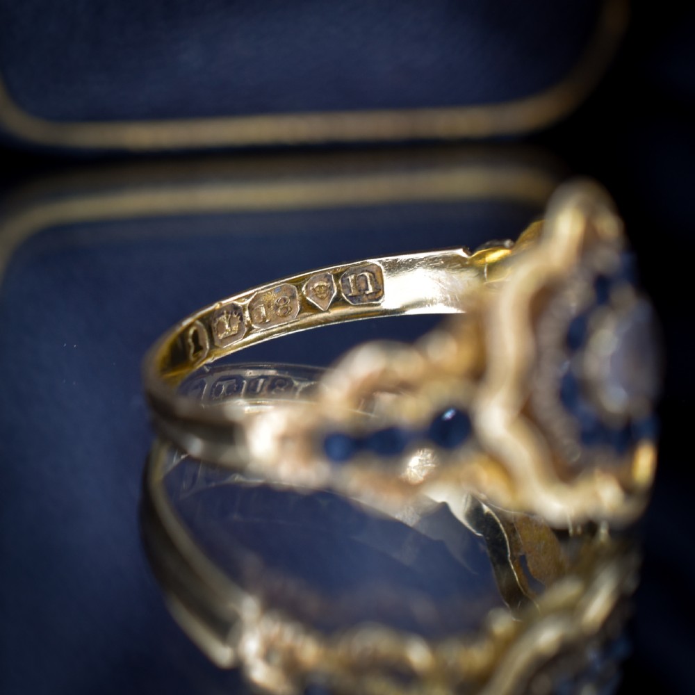 A Georgian gold ring featuring a central woven hair panel set under glass, surrounded by a cluster of faceted black jet stones. View VII