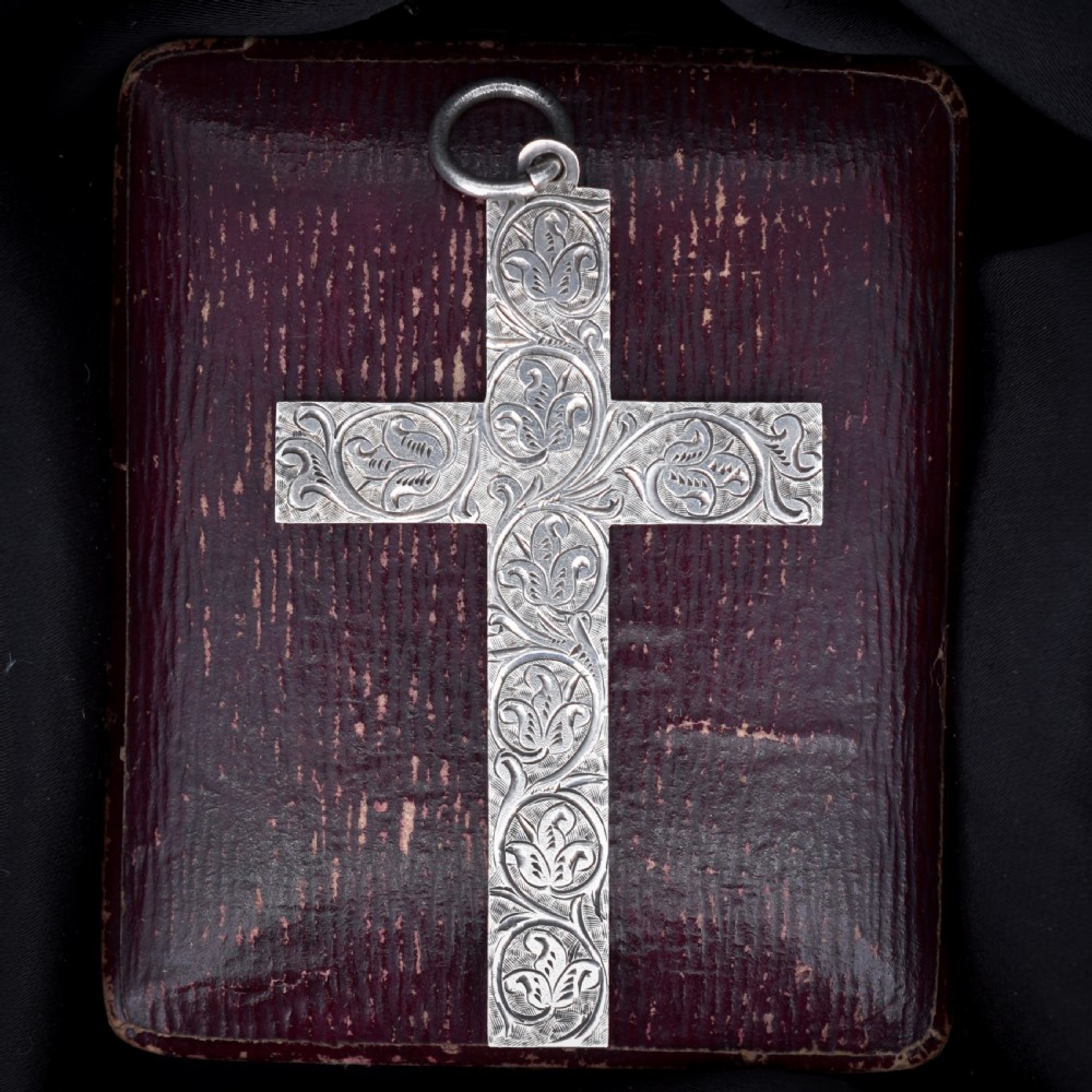 Antique Large Victorian Sterling Silver Statement Cross Drop Pendant - Dated 1882