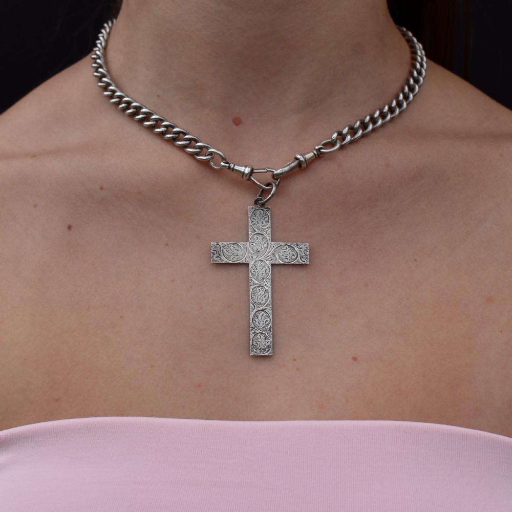 Antique Large Victorian Sterling Silver Statement Cross Drop Pendant - Dated 1882 View II
