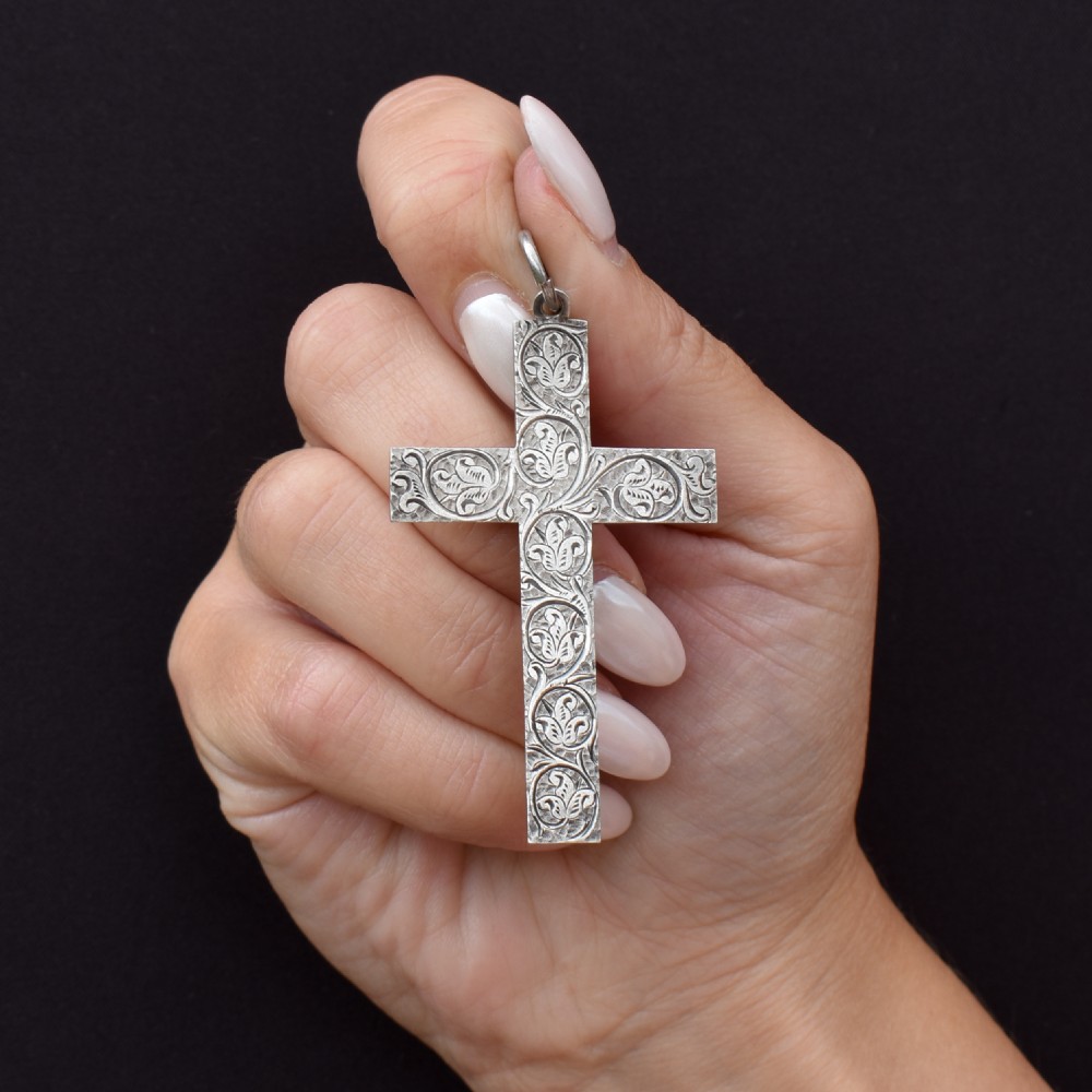 Antique Large Victorian Sterling Silver Statement Cross Drop Pendant - Dated 1882 View IV