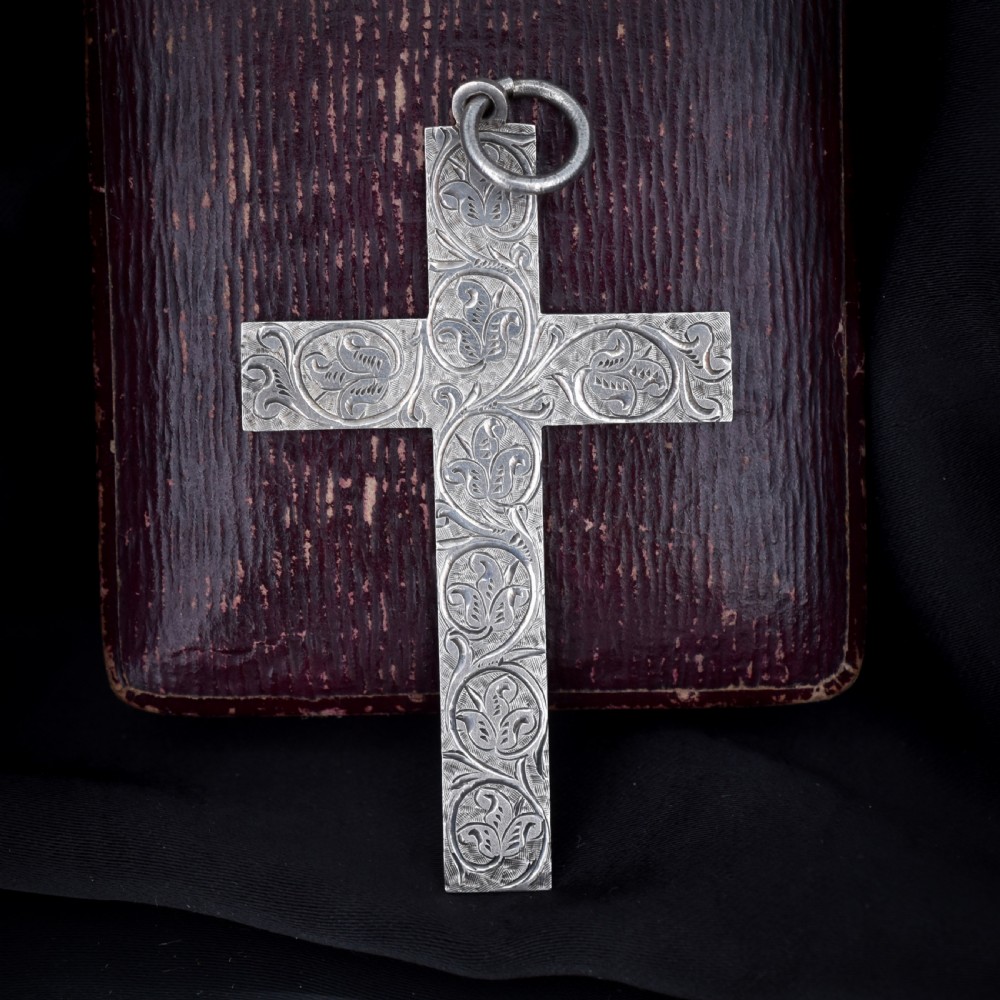 Antique Large Victorian Sterling Silver Statement Cross Drop Pendant - Dated 1882 View V