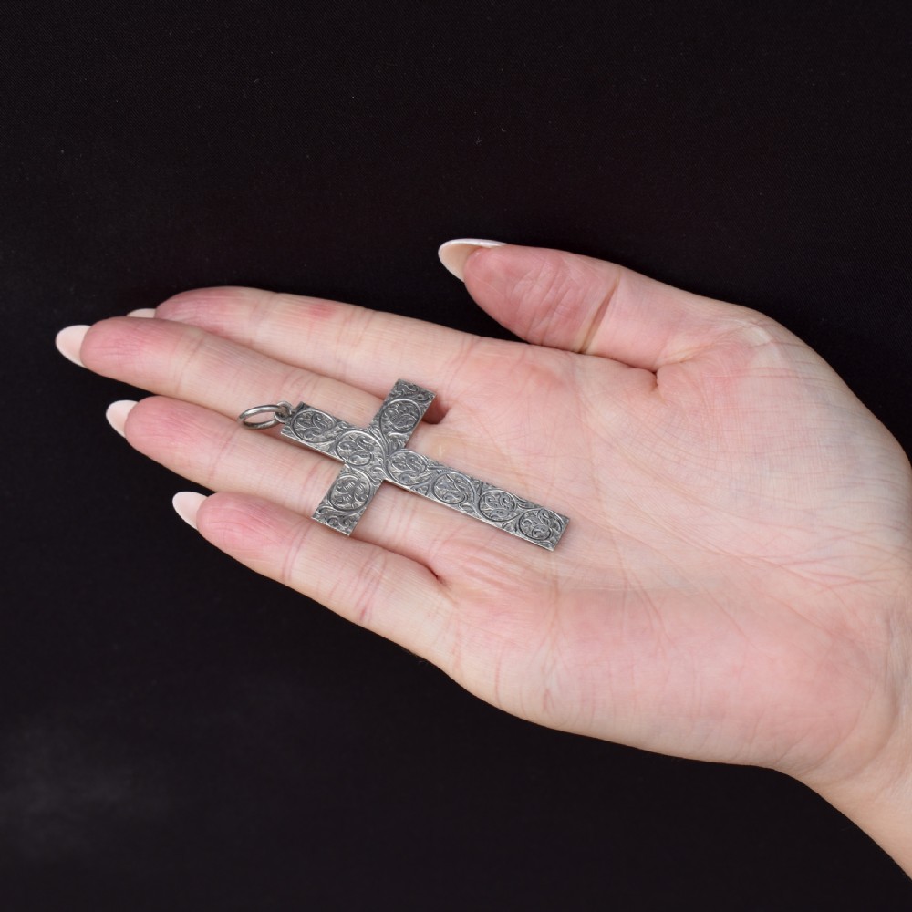 Antique Large Victorian Sterling Silver Statement Cross Drop Pendant - Dated 1882 View X