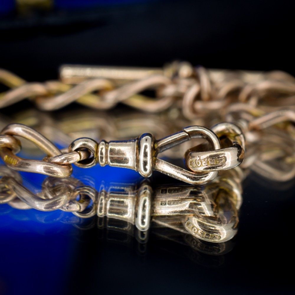 An antique 9ct gold Albert watch chain featuring oval links, a central T-bar, and double dog clip clasps. View VII