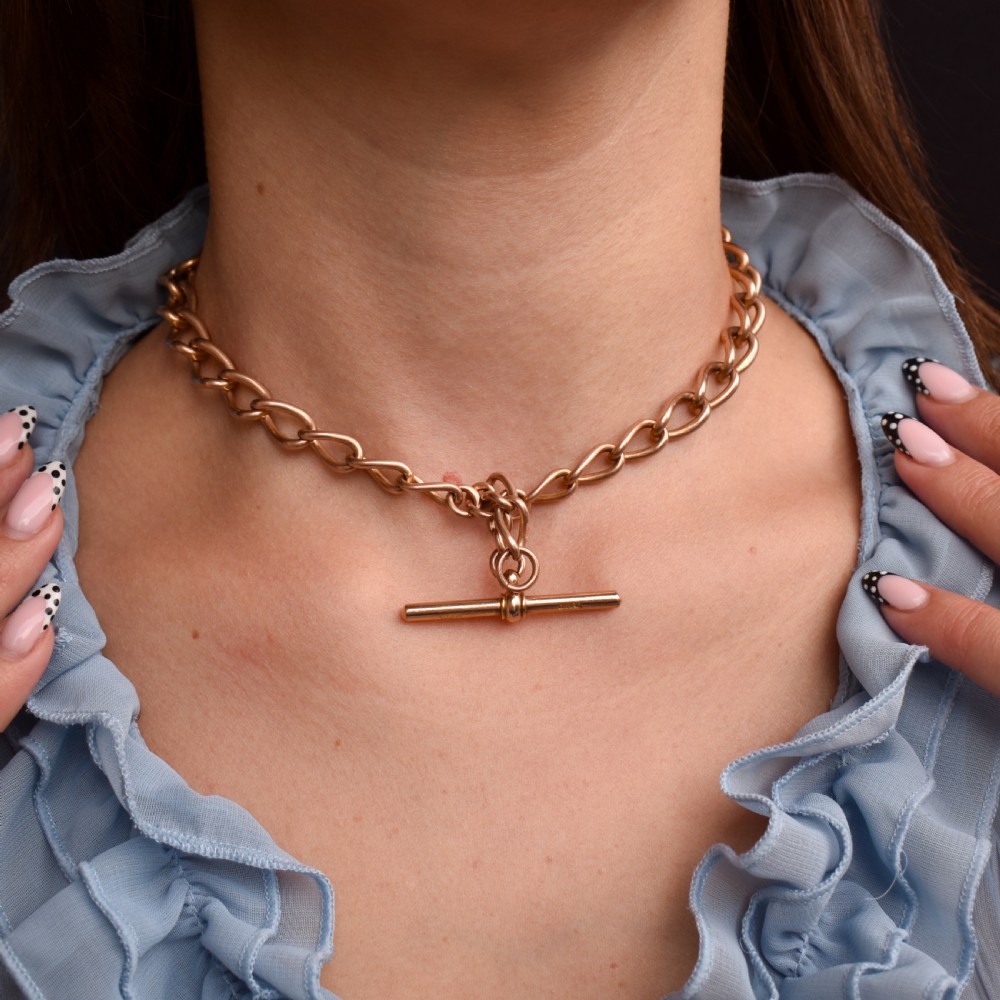 An antique 9ct gold Albert watch chain featuring oval links, a central T-bar, and double dog clip clasps. View VIII