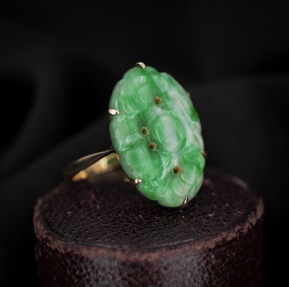 Art Deco Carved Jade 9ct Gold Panel Ring | Antique Vintage