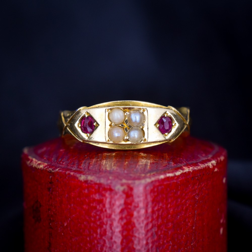 Antique Victorian Ruby and Pearl 18ct Gold Band Ring - Chester 1898
