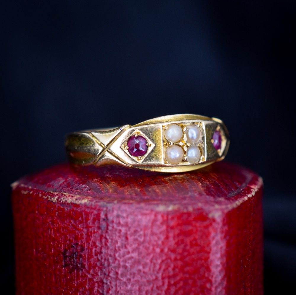Antique Victorian Ruby and Pearl 18ct Gold Band Ring - Chester 1898 View II