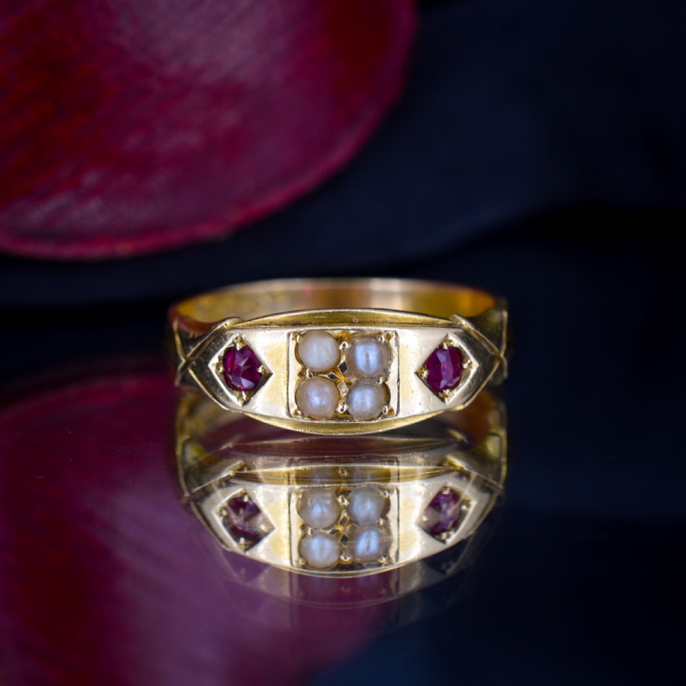 Antique Victorian Ruby and Pearl 18ct Gold Band Ring - Chester 1898 View III