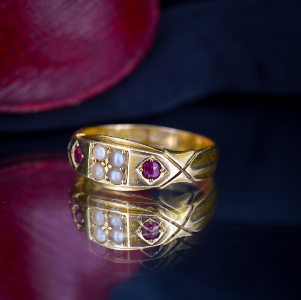 Antique Victorian Ruby and Pearl 18ct Gold Band Ring - Chester 1898 View V
