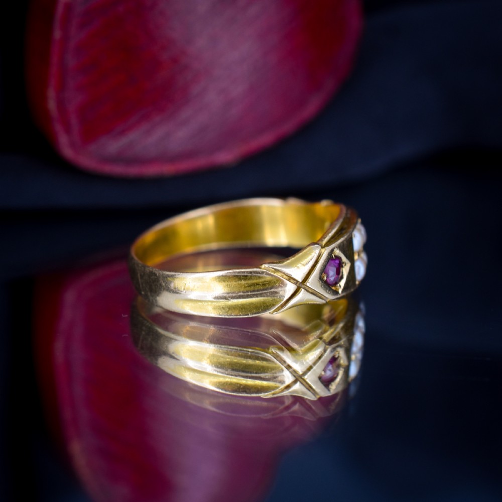 Antique Victorian Ruby and Pearl 18ct Gold Band Ring - Chester 1898 View VI