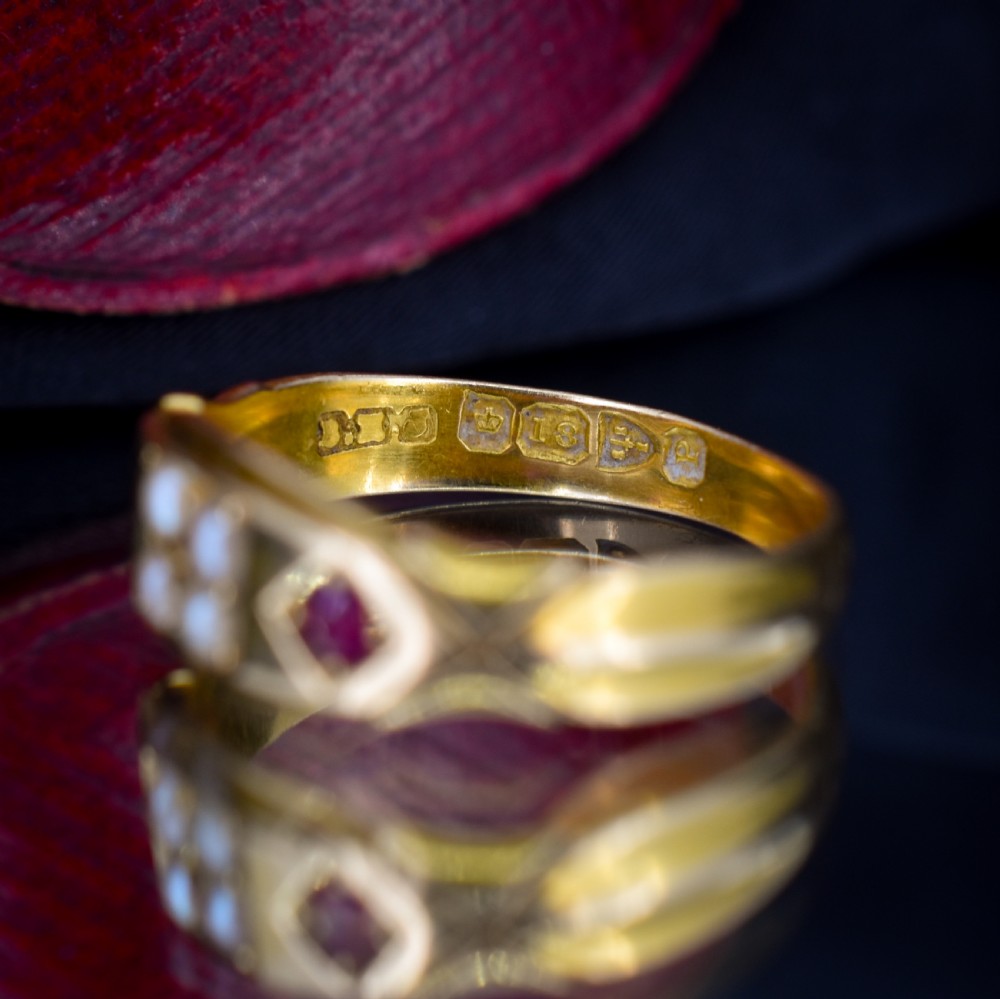 Antique Victorian Ruby and Pearl 18ct Gold Band Ring - Chester 1898 View VIII