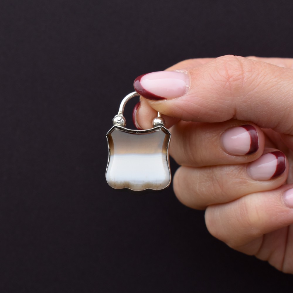 Antique Agate Engraved Silver Padlock Pendant Charm