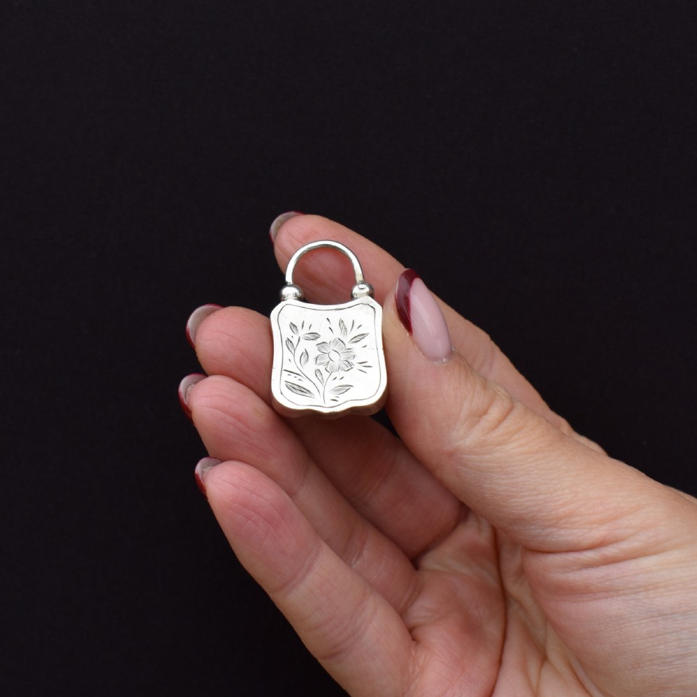 Antique Agate Engraved Silver Padlock Pendant Charm View III
