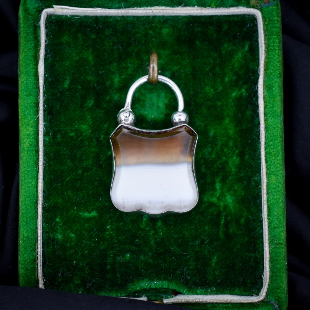 Antique Agate Engraved Silver Padlock Pendant Charm View IV