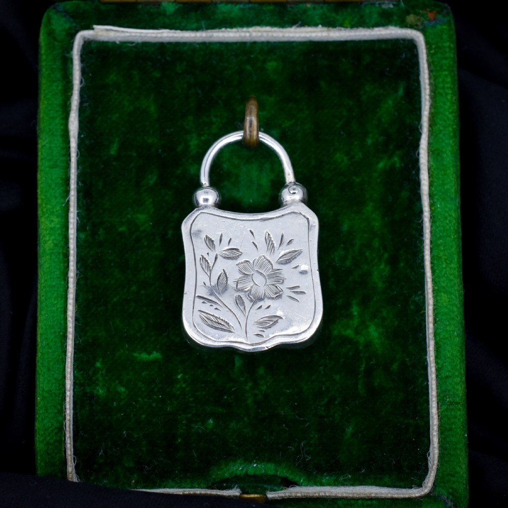 Antique Agate Engraved Silver Padlock Pendant Charm View V