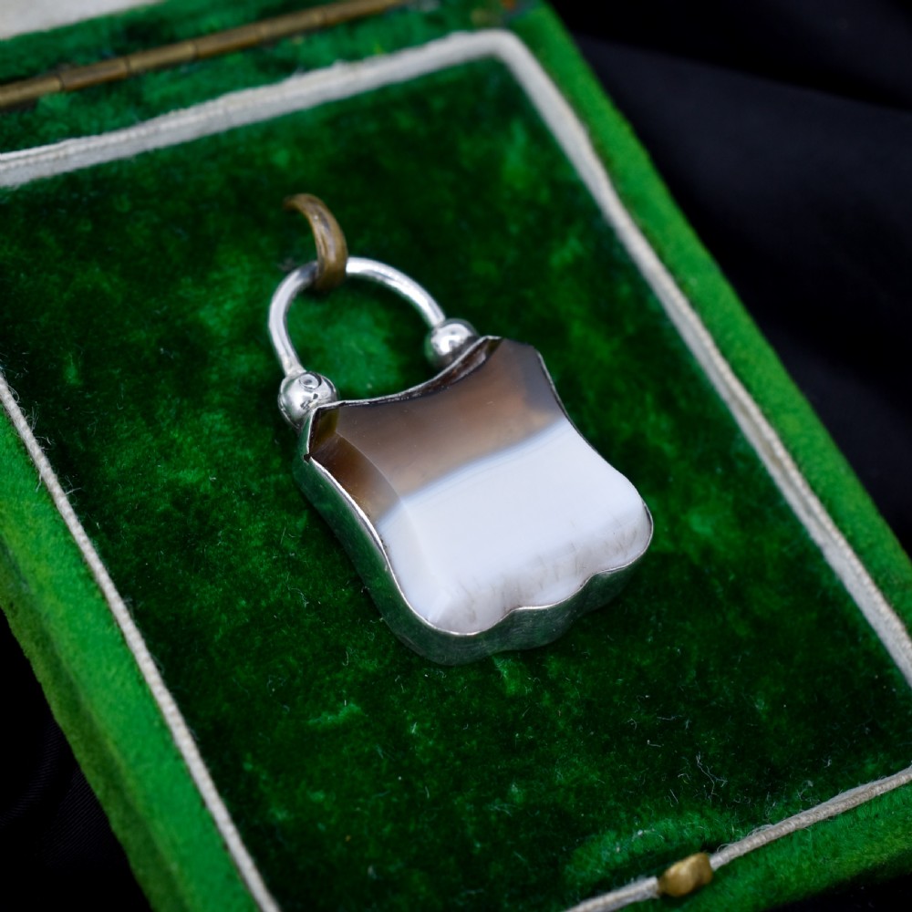 Antique Agate Engraved Silver Padlock Pendant Charm View VI