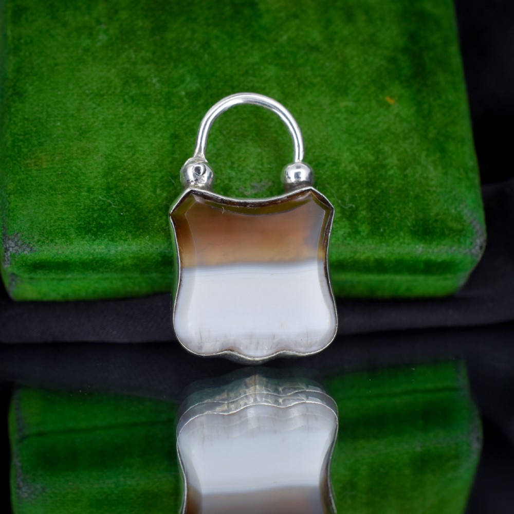 Antique Agate Engraved Silver Padlock Pendant Charm View VII