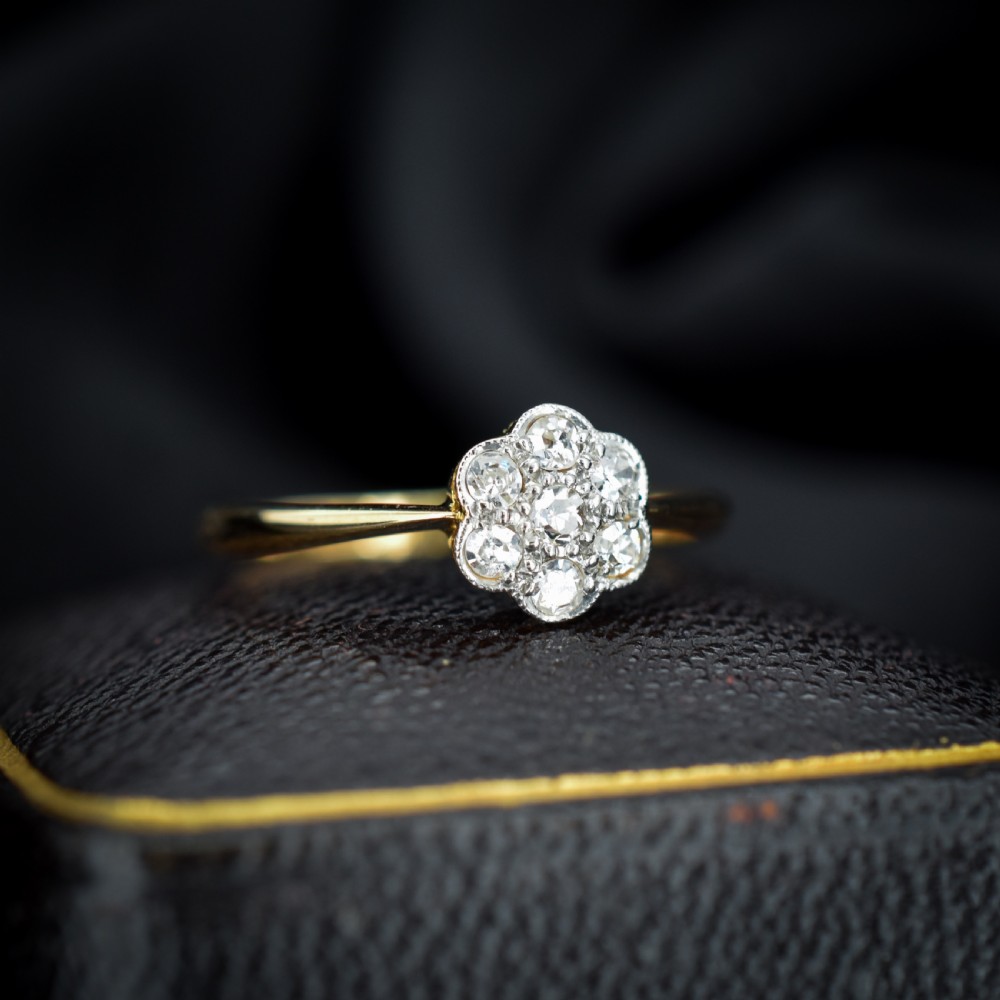 Antique Diamond Cluster Daisy 18ct Yellow Gold and Platinum Ring