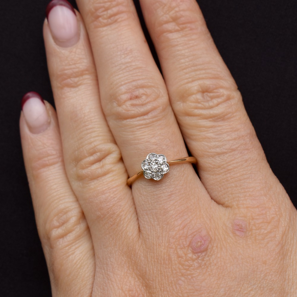 Antique Diamond Cluster Daisy 18ct Yellow Gold and Platinum Ring View III