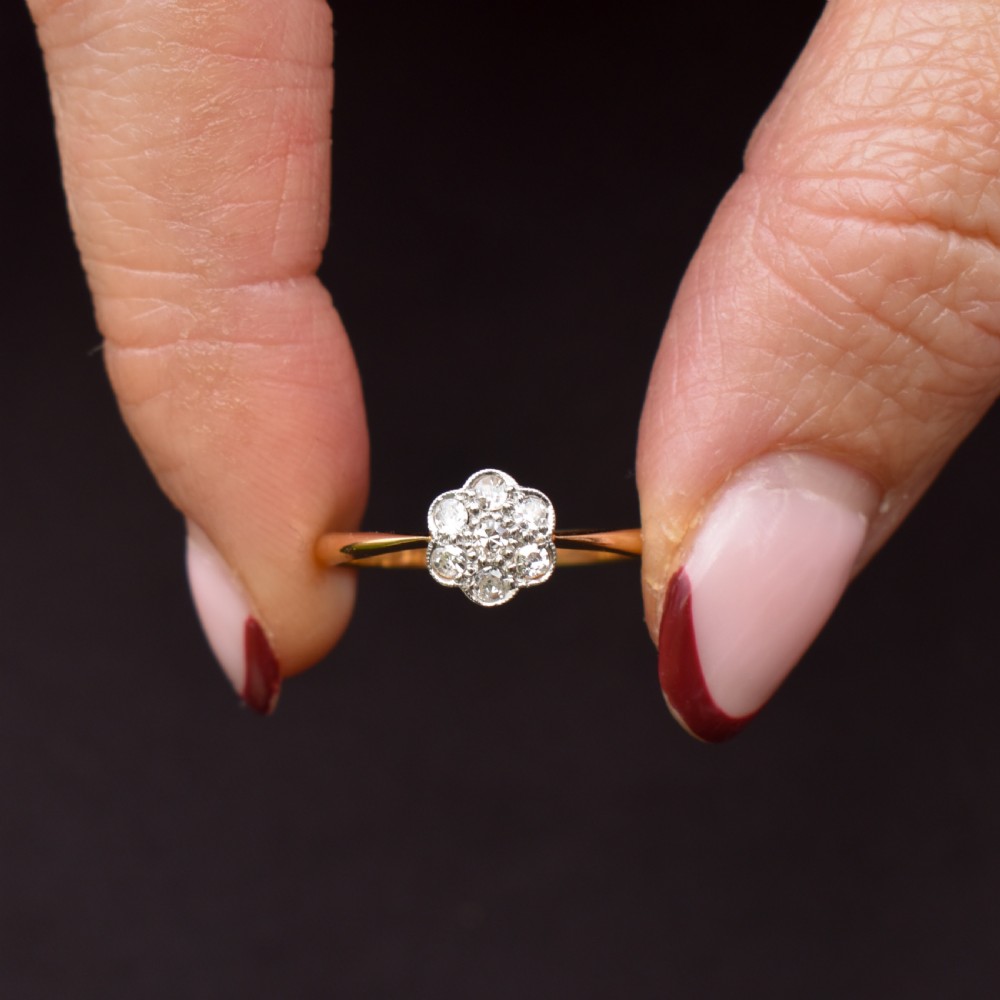 Antique Diamond Cluster Daisy 18ct Yellow Gold and Platinum Ring View IV