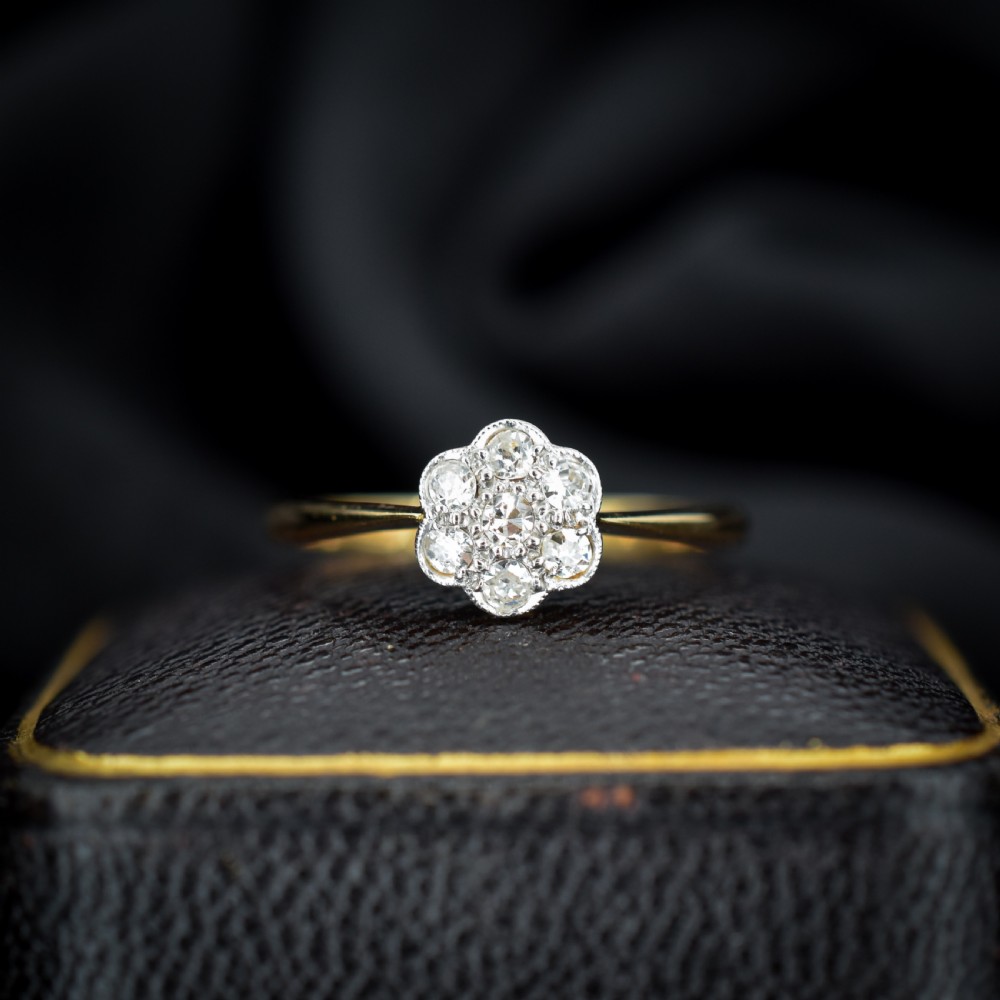 Antique Diamond Cluster Daisy 18ct Yellow Gold and Platinum Ring View V