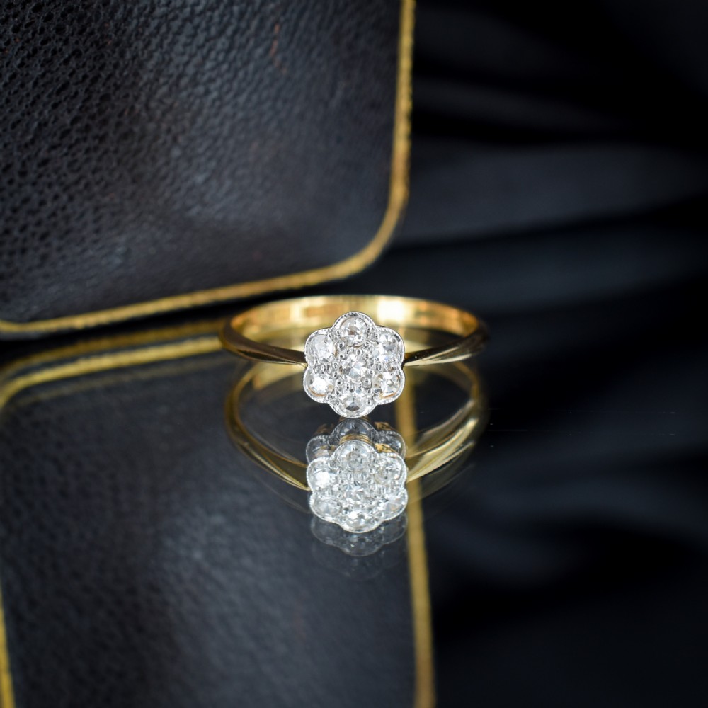 Antique Diamond Cluster Daisy 18ct Yellow Gold and Platinum Ring View VI