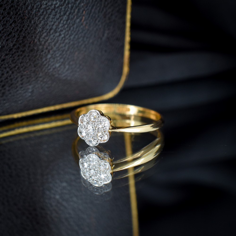 Antique Diamond Cluster Daisy 18ct Yellow Gold and Platinum Ring View VII