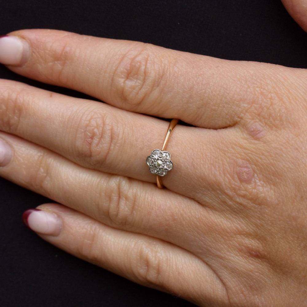 Antique Diamond Cluster Daisy 18ct Yellow Gold and Platinum Ring View X