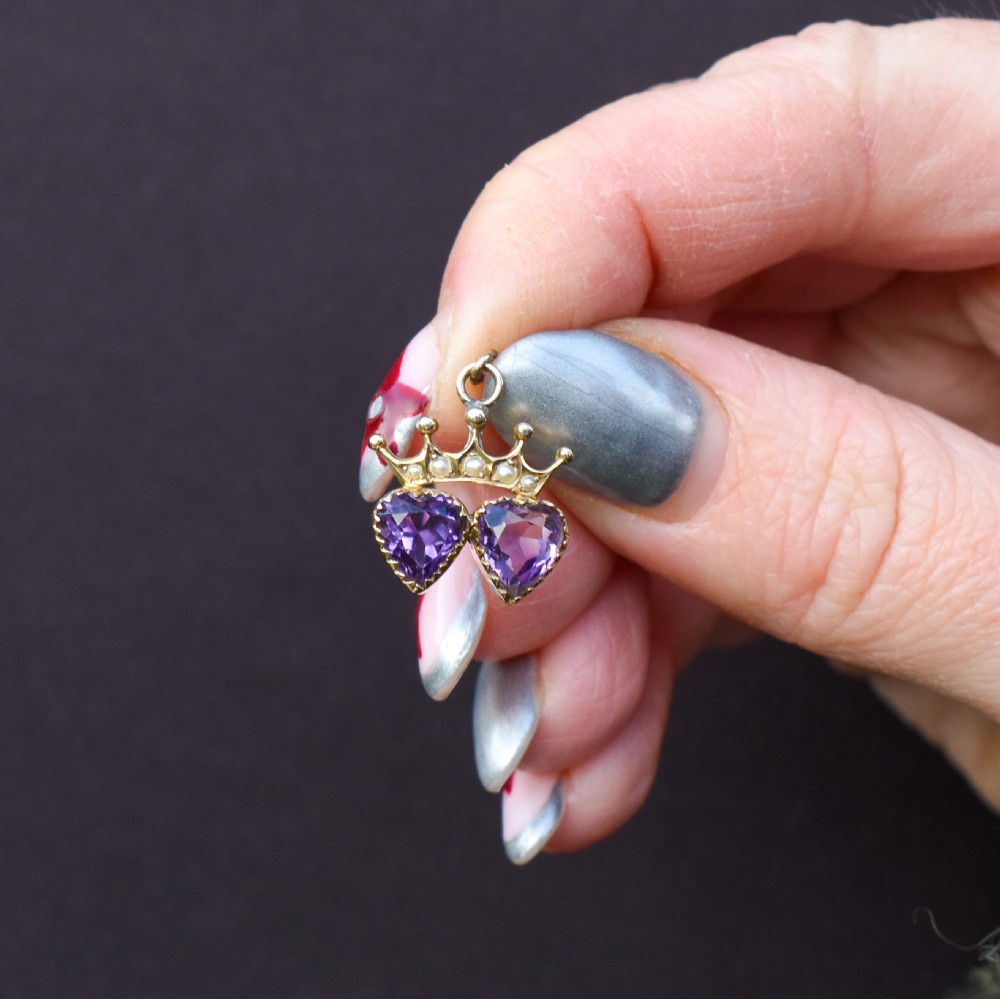 Antique Amethyst and Pearl Double Heart Crown Gold Charm Pendant View II