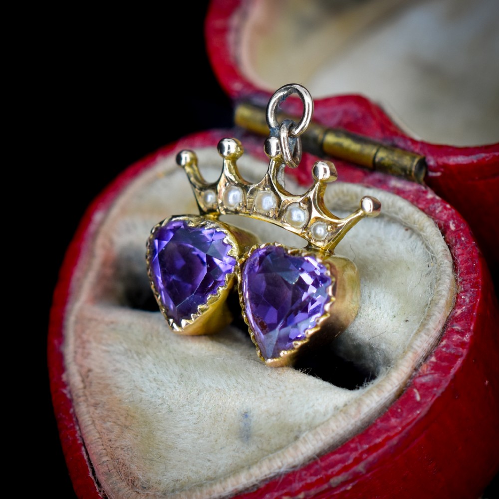 Antique Amethyst and Pearl Double Heart Crown Gold Charm Pendant View III