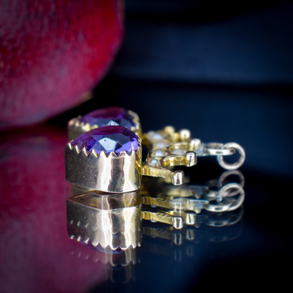 Antique Amethyst and Pearl Double Heart Crown Gold Charm Pendant View IV