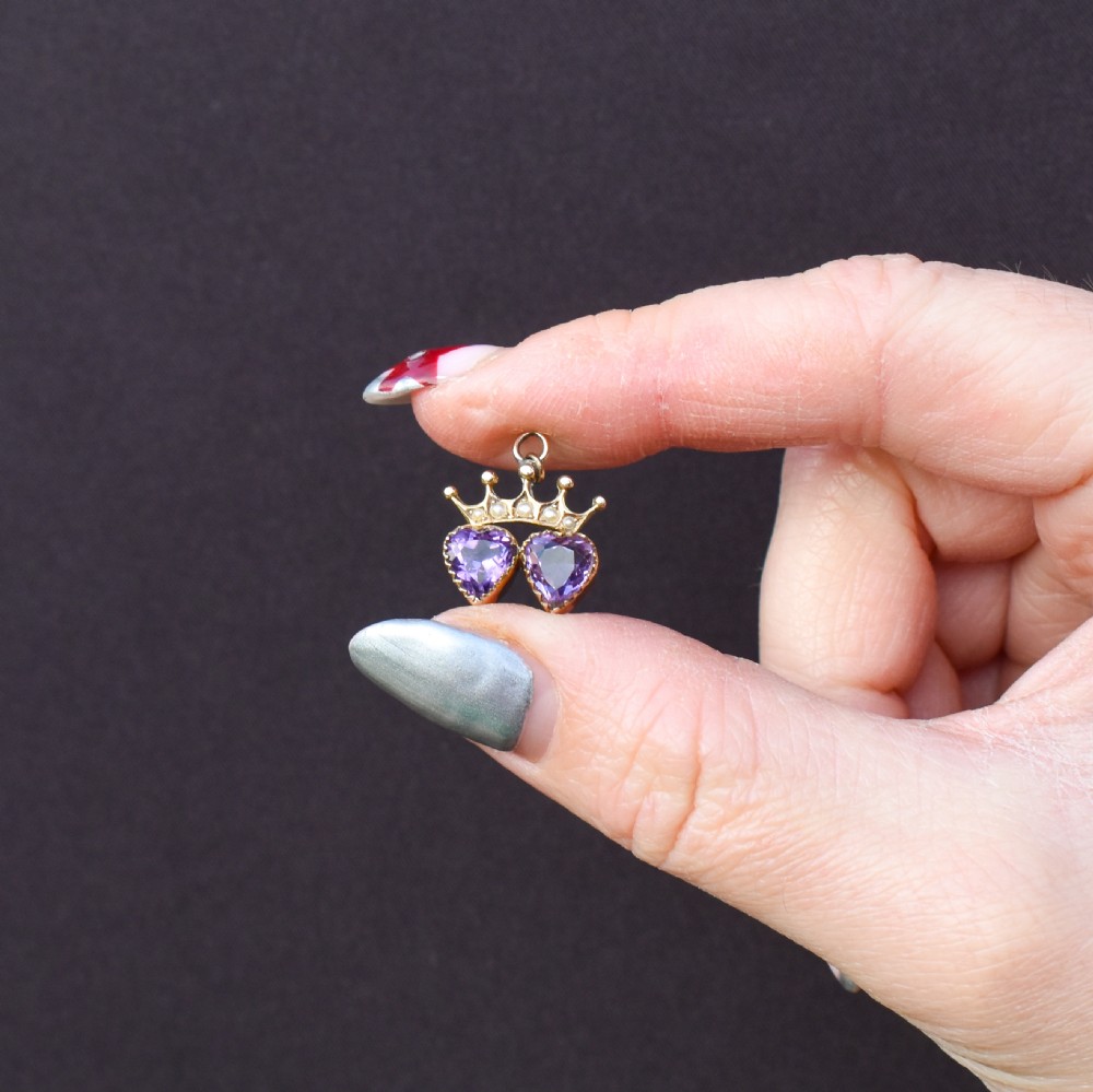 Antique Amethyst and Pearl Double Heart Crown Gold Charm Pendant View V