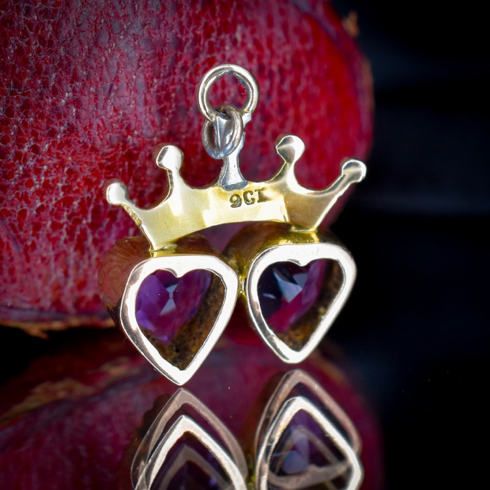 Antique Amethyst and Pearl Double Heart Crown Gold Charm Pendant View VI