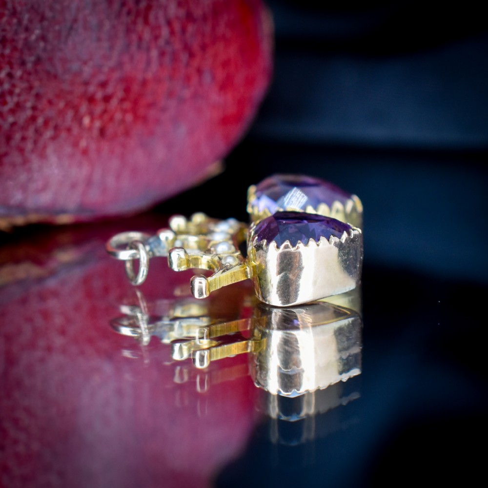 Antique Amethyst and Pearl Double Heart Crown Gold Charm Pendant View VII