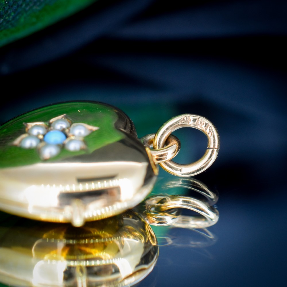 Antique Turquoise Pearl Flower Rolled Gold Locket Pendant View VIII