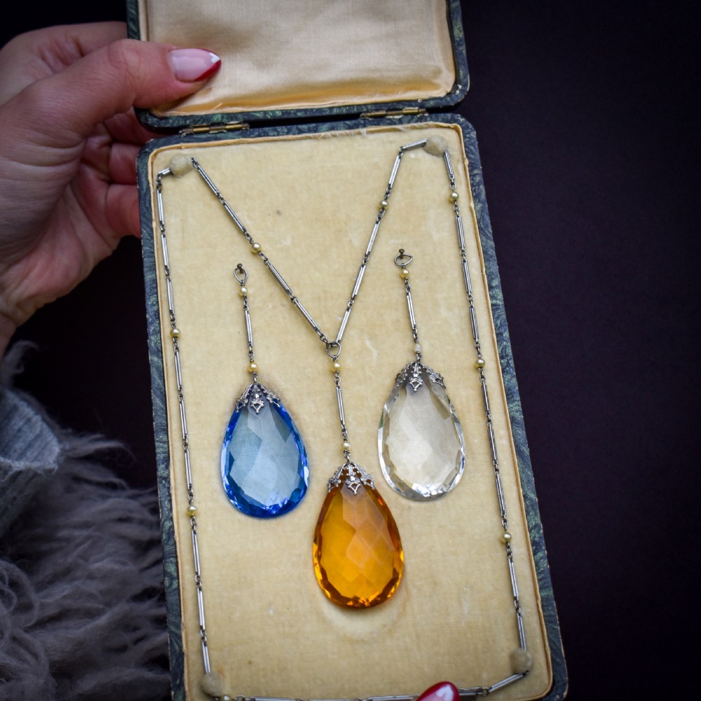 Art Deco 1930s Drop Pendant 'Platinon' Necklace | Boxed Jewellery Set