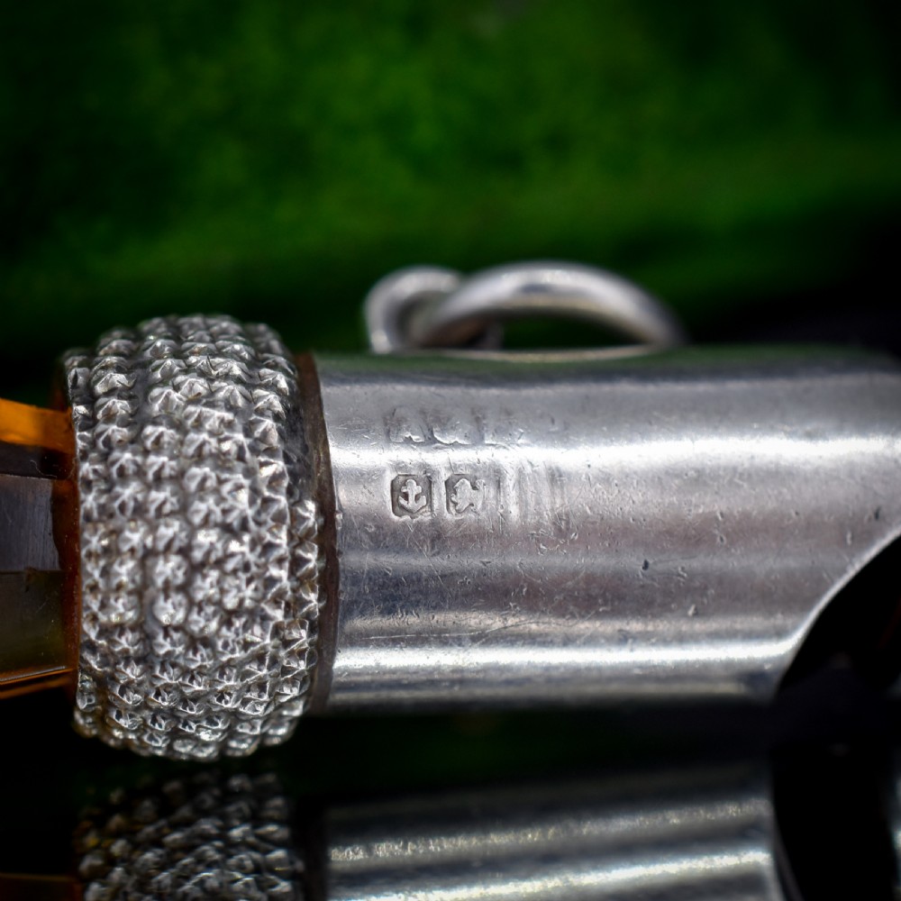 An antique sterling silver whistle pendant shaped like a thistle with a textured body and a faceted amber-coloured glass top. View IV