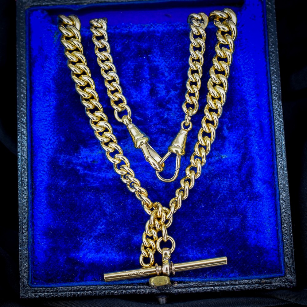 Antique Rolled Gold Curb Chain with T-Bar and Double Dog Clips - 14.5