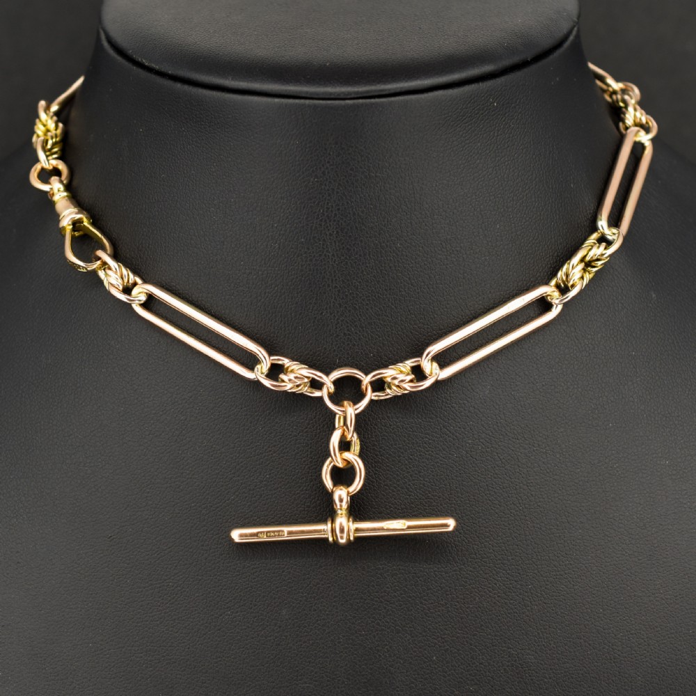 Antique '1903' 9ct Gold Trombone and Love Knot Link Albert Chain Necklace | 13.5