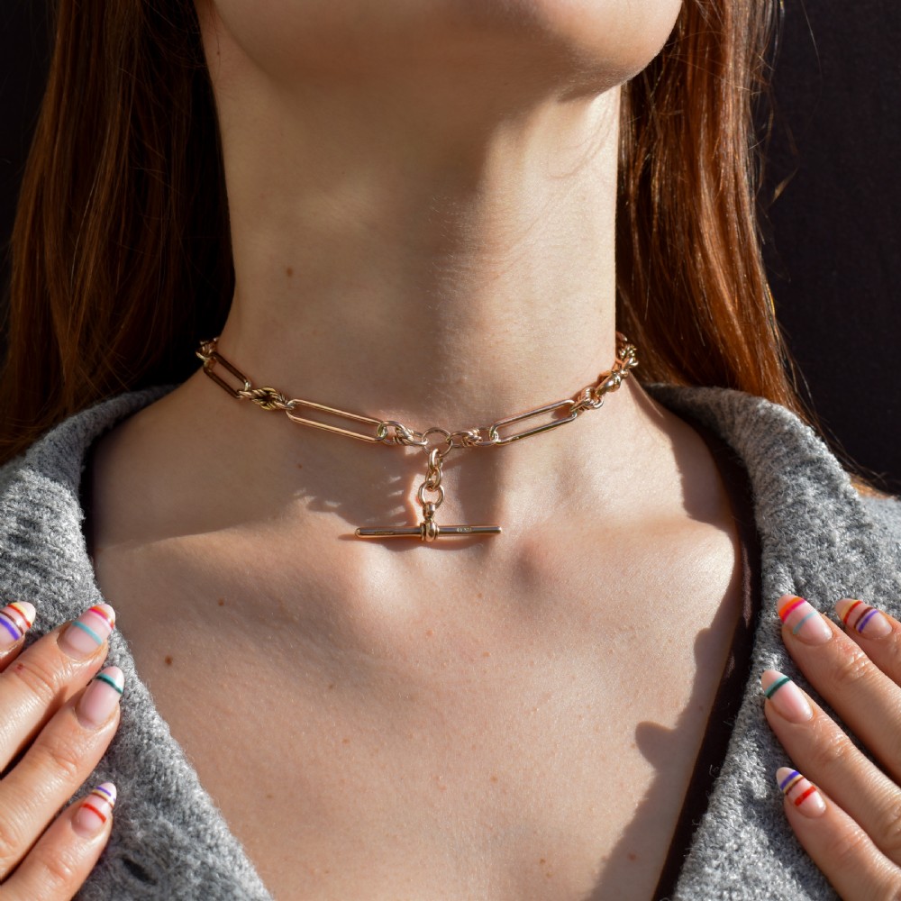 Antique '1903' 9ct Gold Trombone and Love Knot Link Albert Chain Necklace | 13.5