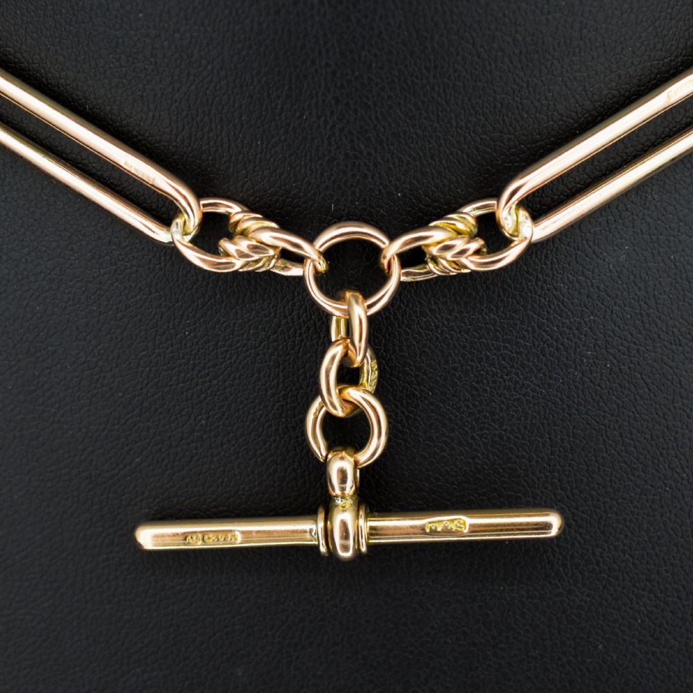 Antique '1903' 9ct Gold Trombone and Love Knot Link Albert Chain Necklace | 13.5